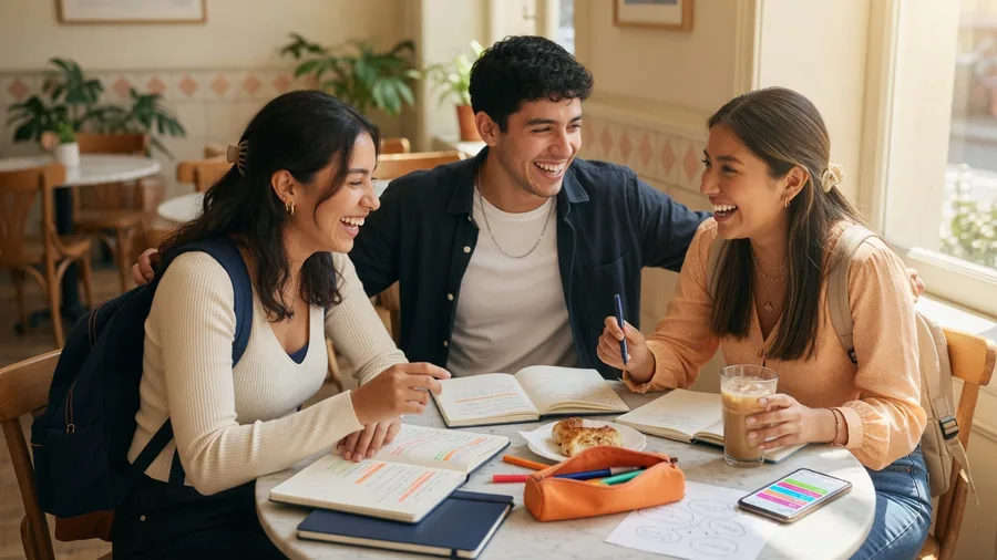 Estudiantes repasando juntos en un café
