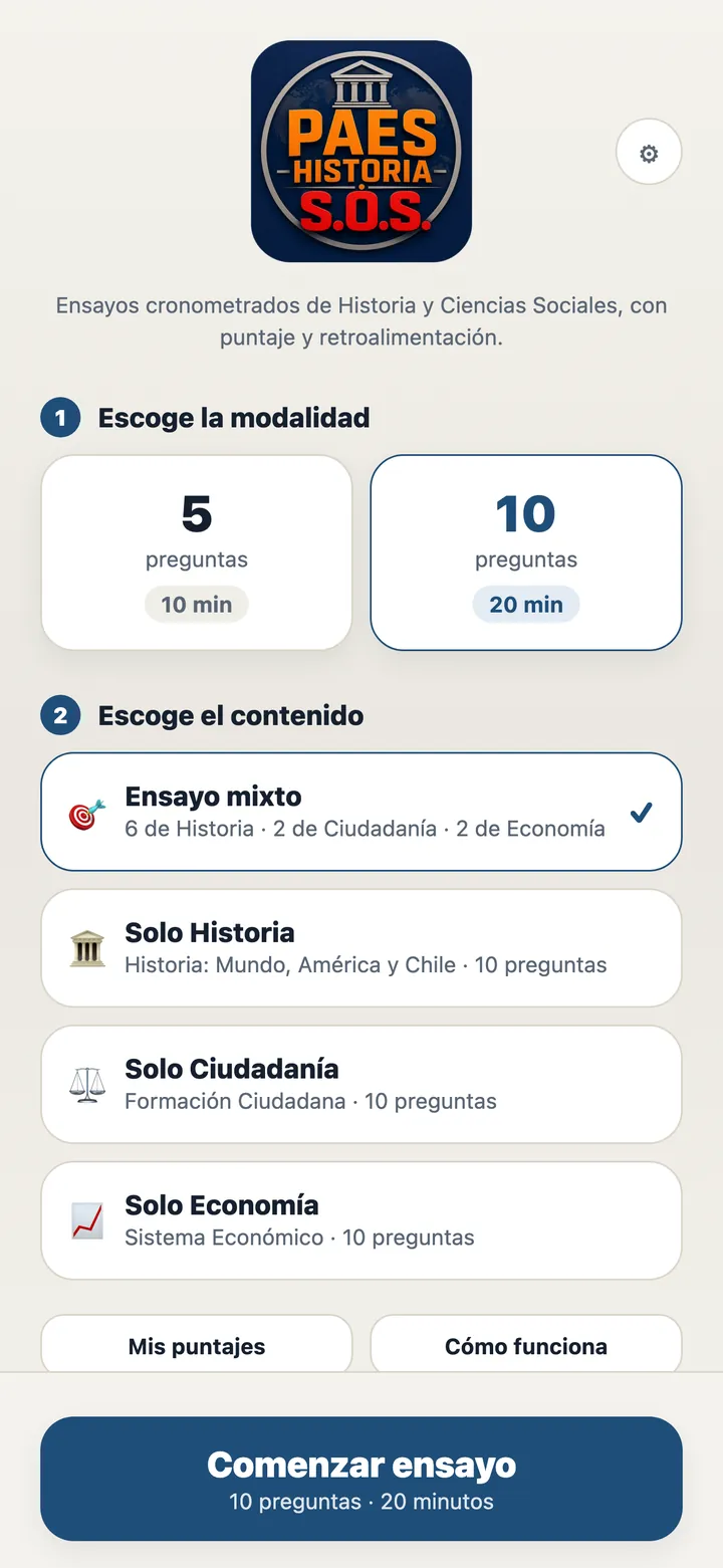 Inicio de PAES Historia: eliges modalidad y contenido