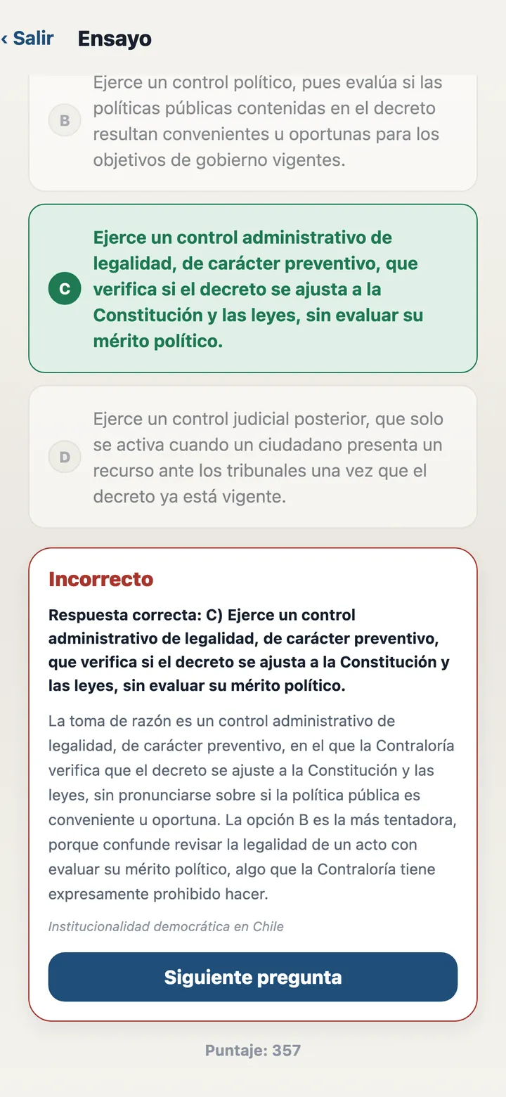 Retroalimentación real: la app explica por qué la respuesta correcta es la correcta